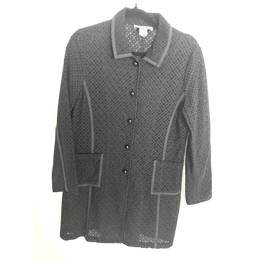 Elliott Lauren Black Eyelet Cotton Button Front Jacket Longline Size 10